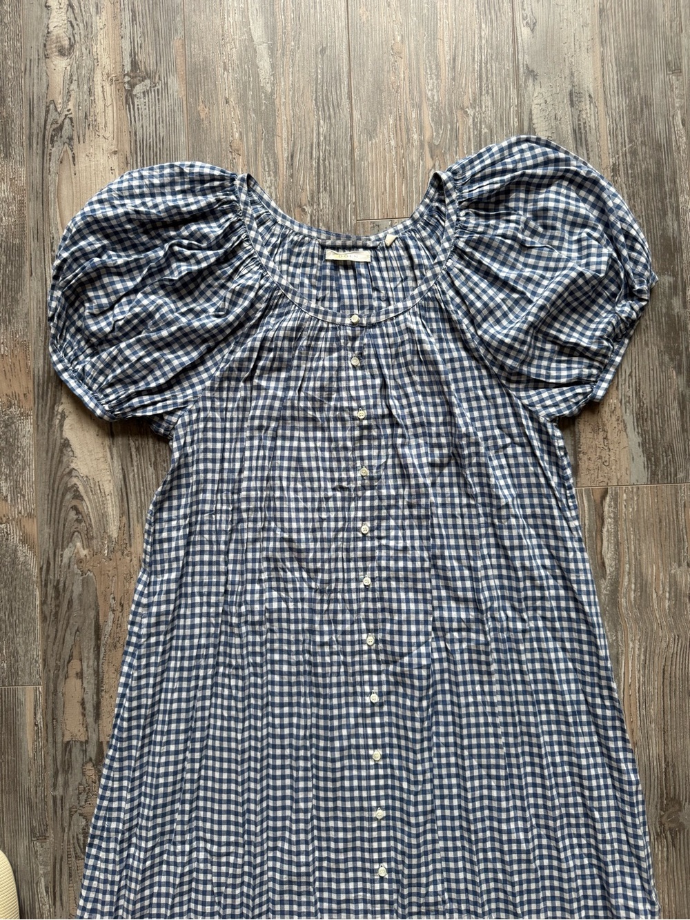 Women’s Doen Gingham Navy White Juno Maxi Dress XS Buttons Short Puff Sleeves